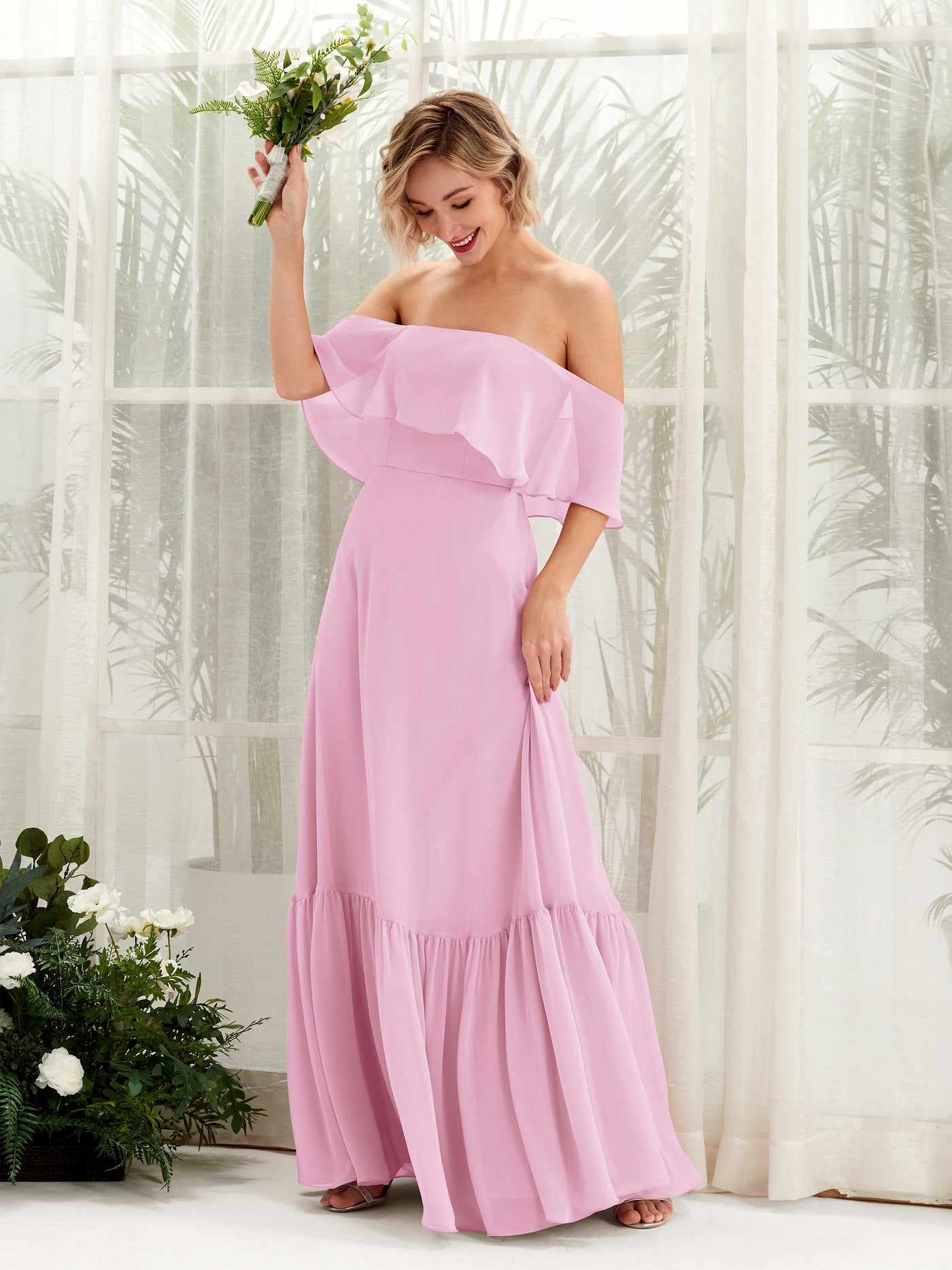 A-line Off Shoulder Chiffon Bridesmaid Dress - Candy Pink (81224539)#color_candy-pink