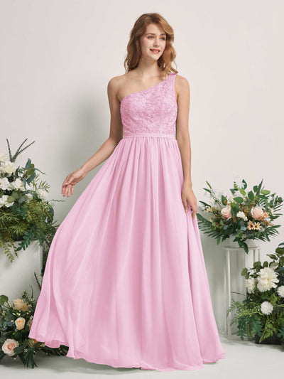Carlyna Bonita A-Line Candy Pink Embroidered Bridesmaid Dress Maxi Sleeveless One Shoulder Dress Front View #color_candy-pink