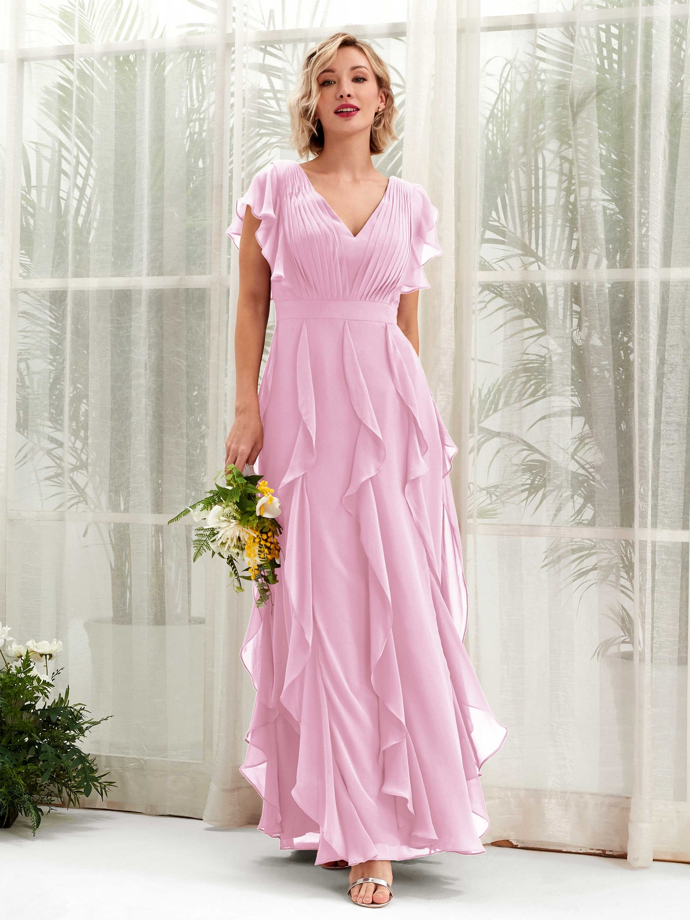 A-line V-neck Short Sleeves Chiffon Bridesmaid Dress - Candy Pink (81226039)#color_candy-pink
