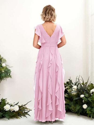 Carlyna Cynthia A-Line Candy Pink Bridesmaid Dress Maxi Cap Sleeve V-Neck Dress Back View #color_candy-pink