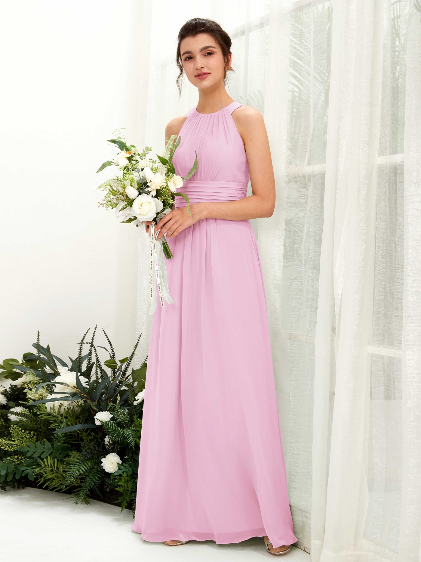 A-line Round Sleeveless Chiffon Bridesmaid Dress - Candy Pink (81221539)#color_candy-pink