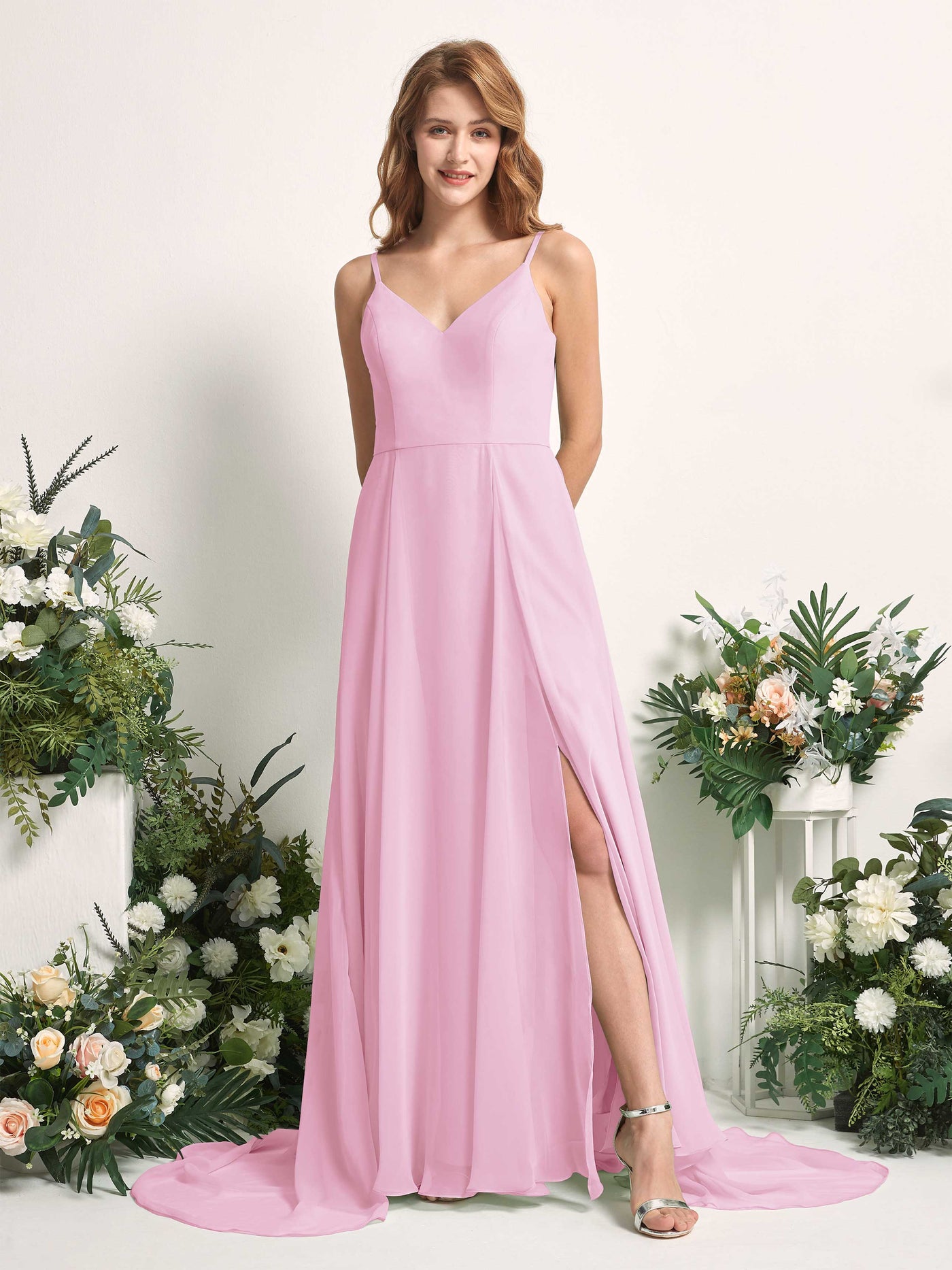 Bridesmaid Dress A-line Chiffon Spaghetti-straps Full Length Sleeveless Wedding Party Dress - Candy Pink (81227739)#color_candy-pink