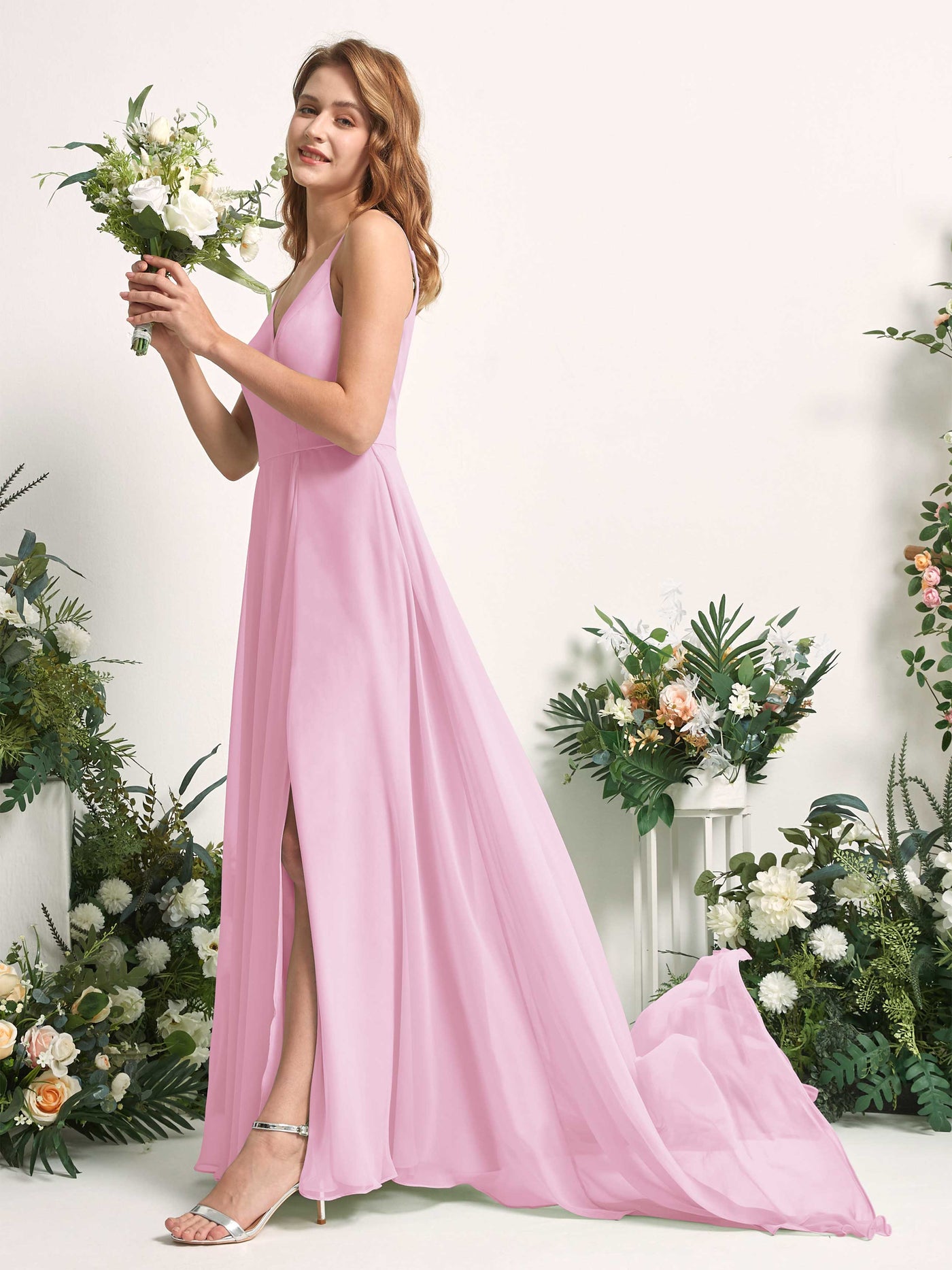 Bridesmaid Dress A-line Chiffon Spaghetti-straps Full Length Sleeveless Wedding Party Dress - Candy Pink (81227739)#color_candy-pink