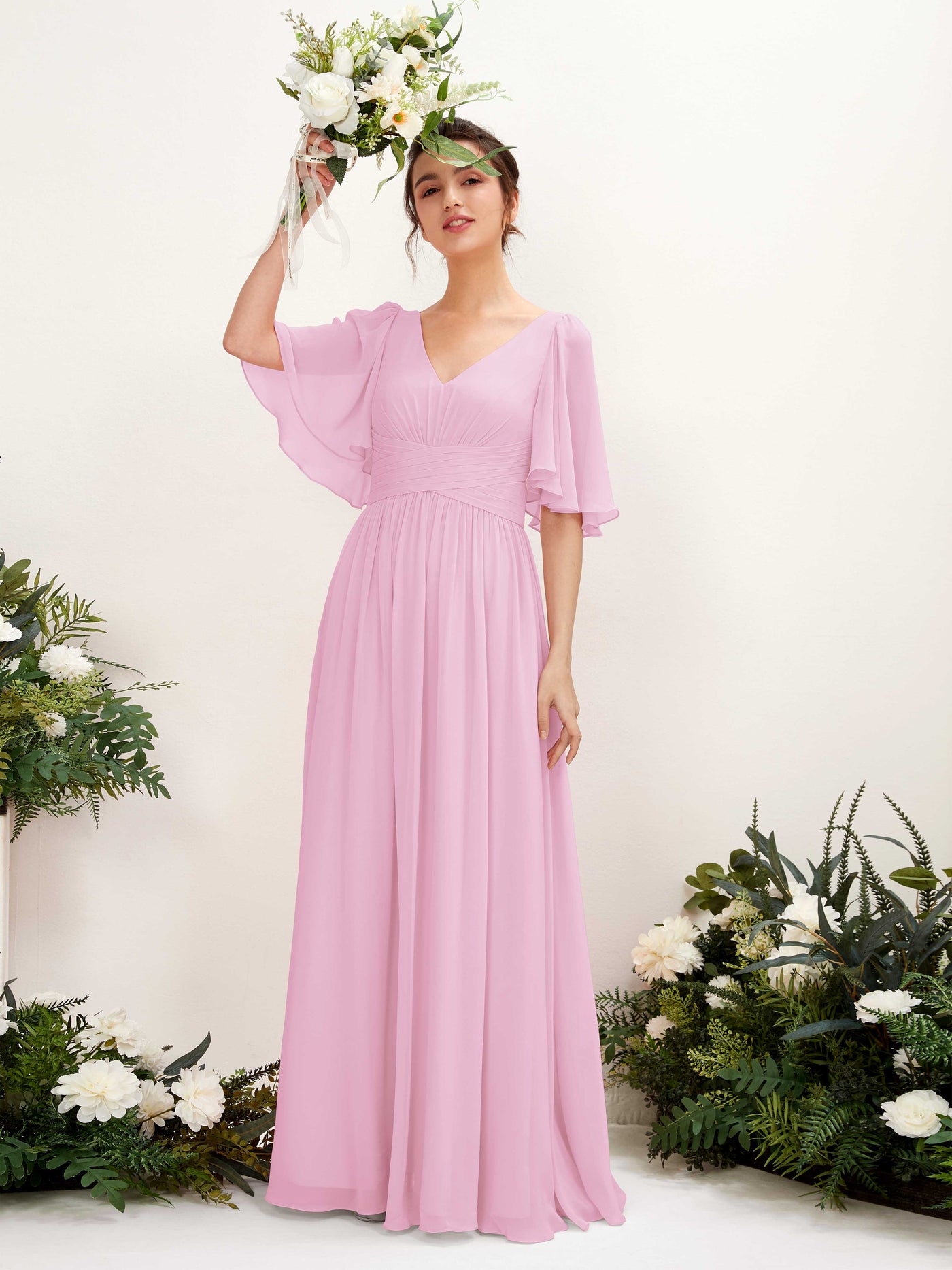 A-line V-neck 1/2 Sleeves Chiffon Bridesmaid Dress - Candy Pink (81221639)#color_candy-pink