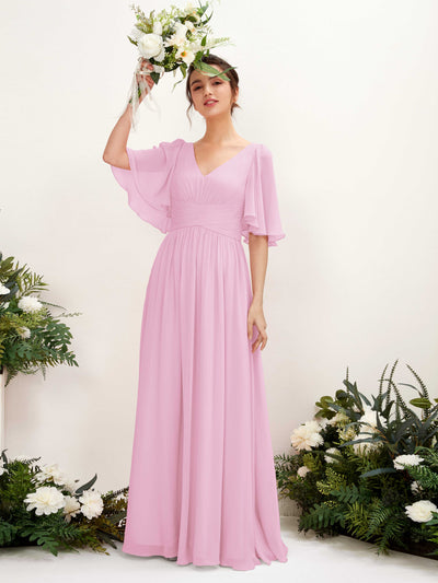 Carlyna Odette A-Line Candy Pink Bridesmaid Dress Maxi Short Sleeve V-Neck Dress #color_candy-pink