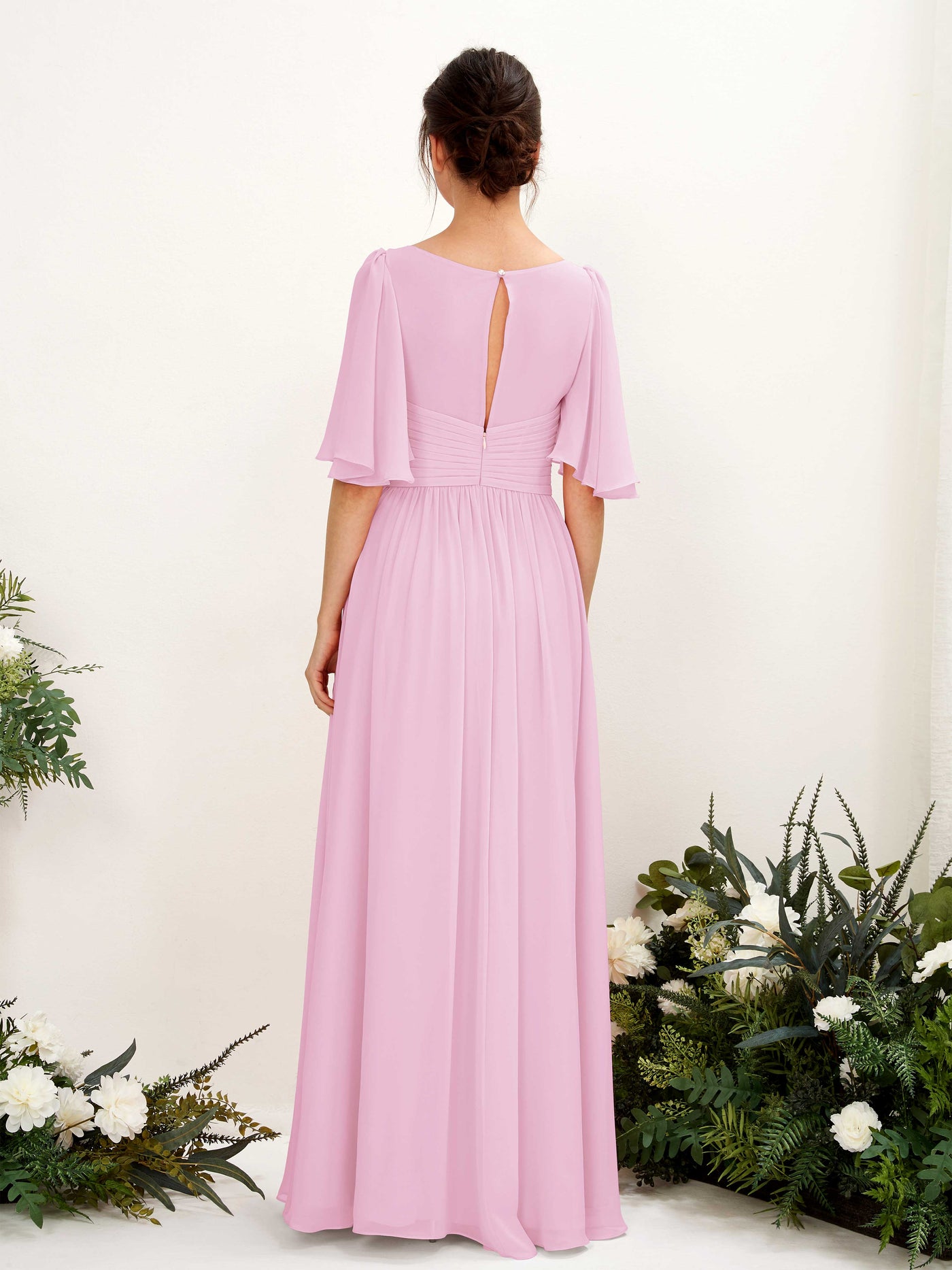 A-line V-neck 1/2 Sleeves Chiffon Bridesmaid Dress - Candy Pink (81221639)#color_candy-pink