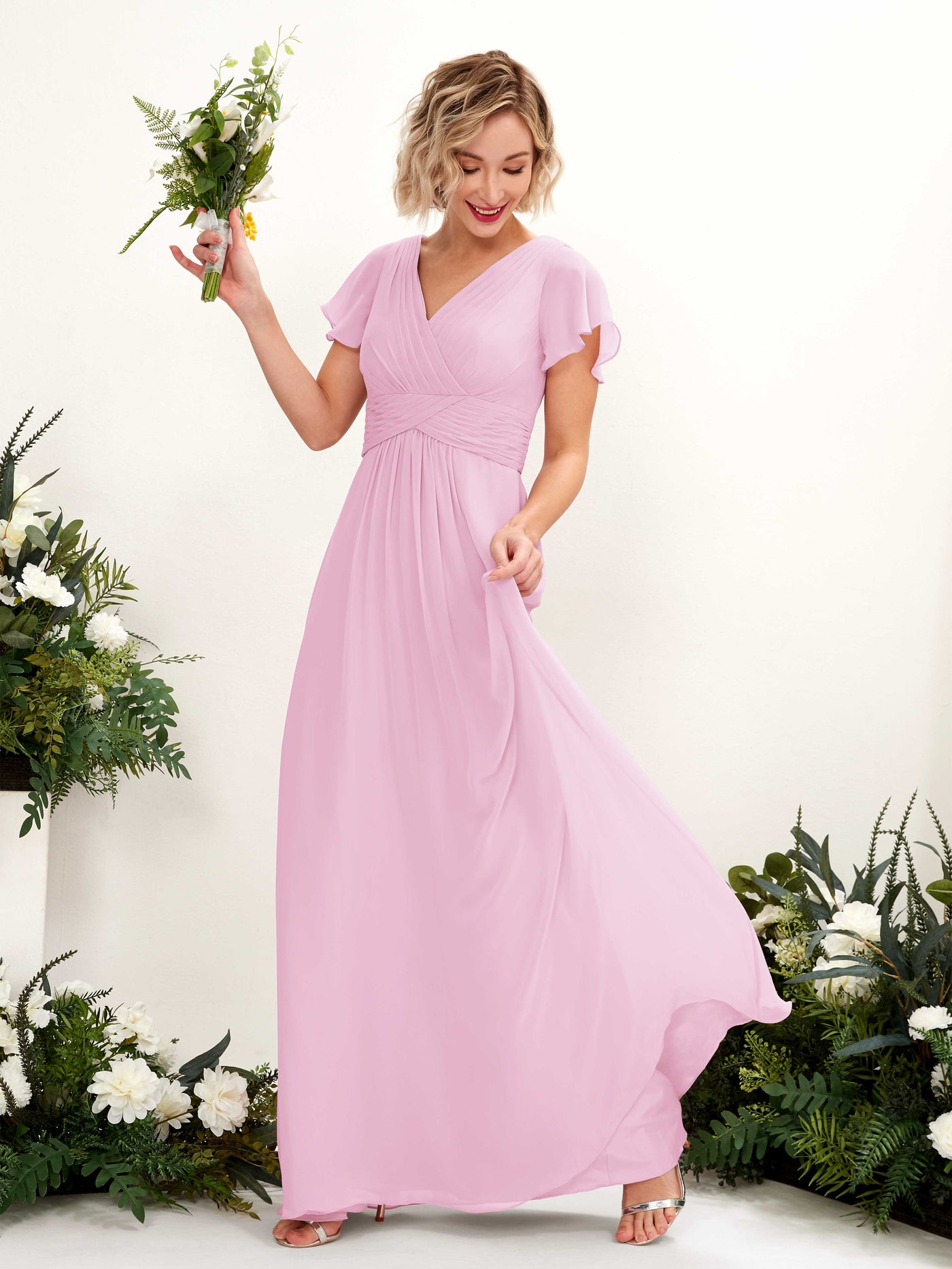 A-line V-neck Cap Sleeves Chiffon Bridesmaid Dress - Candy Pink (81224339)#color_candy-pink