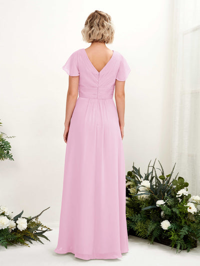 Carlyna Tolly A-Line Candy Pink Bridesmaid Dress Maxi Cap Sleeve V-Neck Dress #color_candy-pink