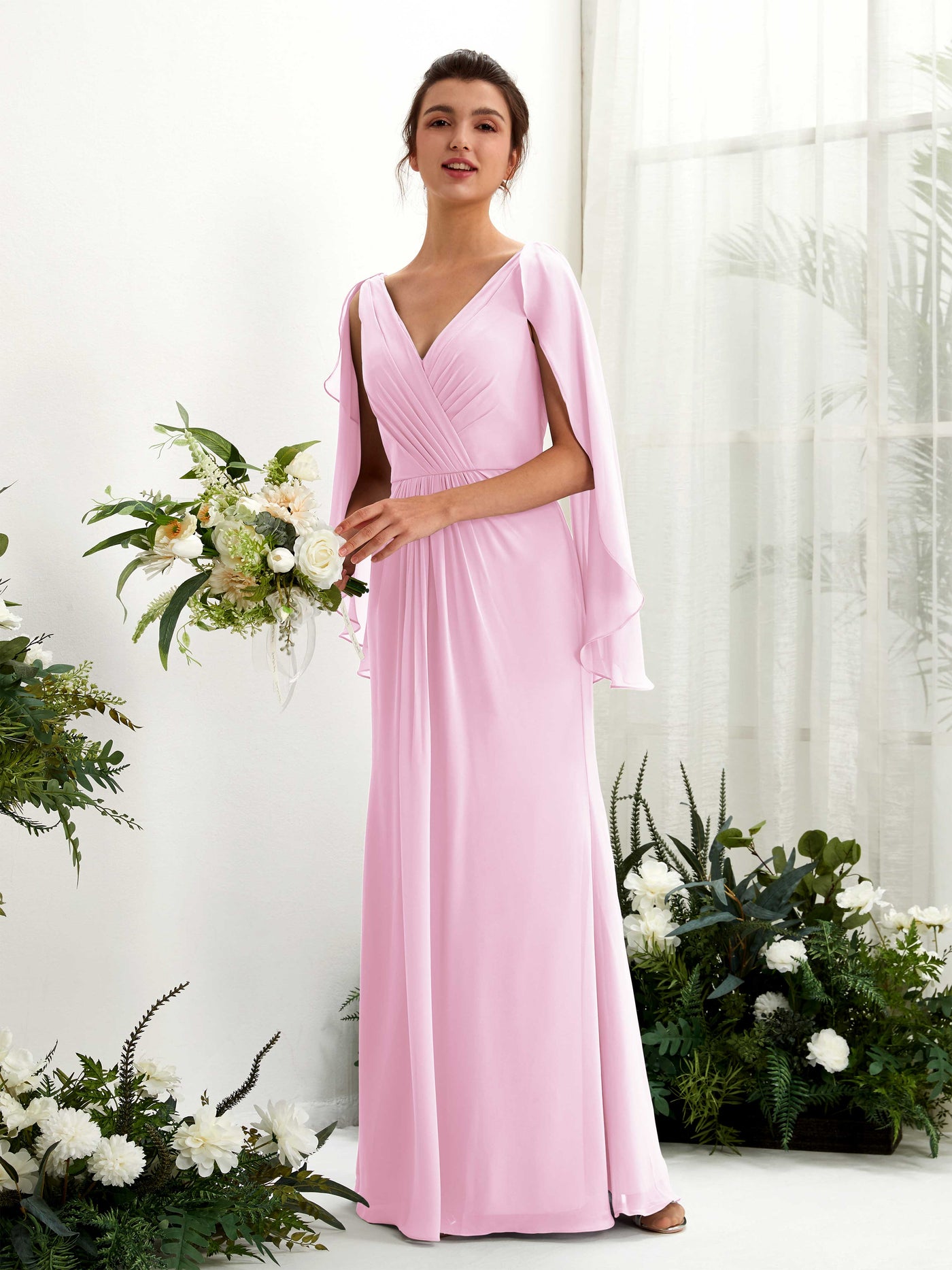 A-line V-neck Chiffon Bridesmaid Dress - Candy Pink (80220139)#color_candy-pink