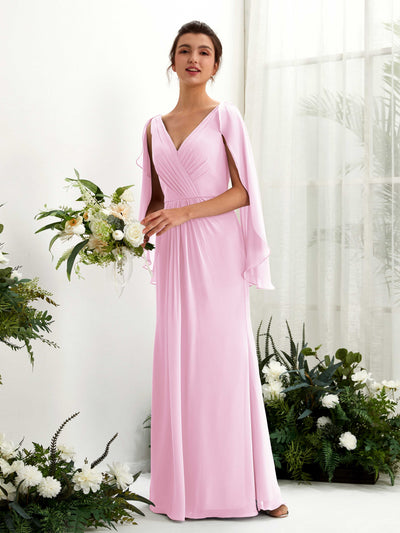 Carlyna Alain A-Line Candy Pink Bridesmaid Dress Maxi Cap Sleeve V-Neck Dress Front View #color_candy-pink