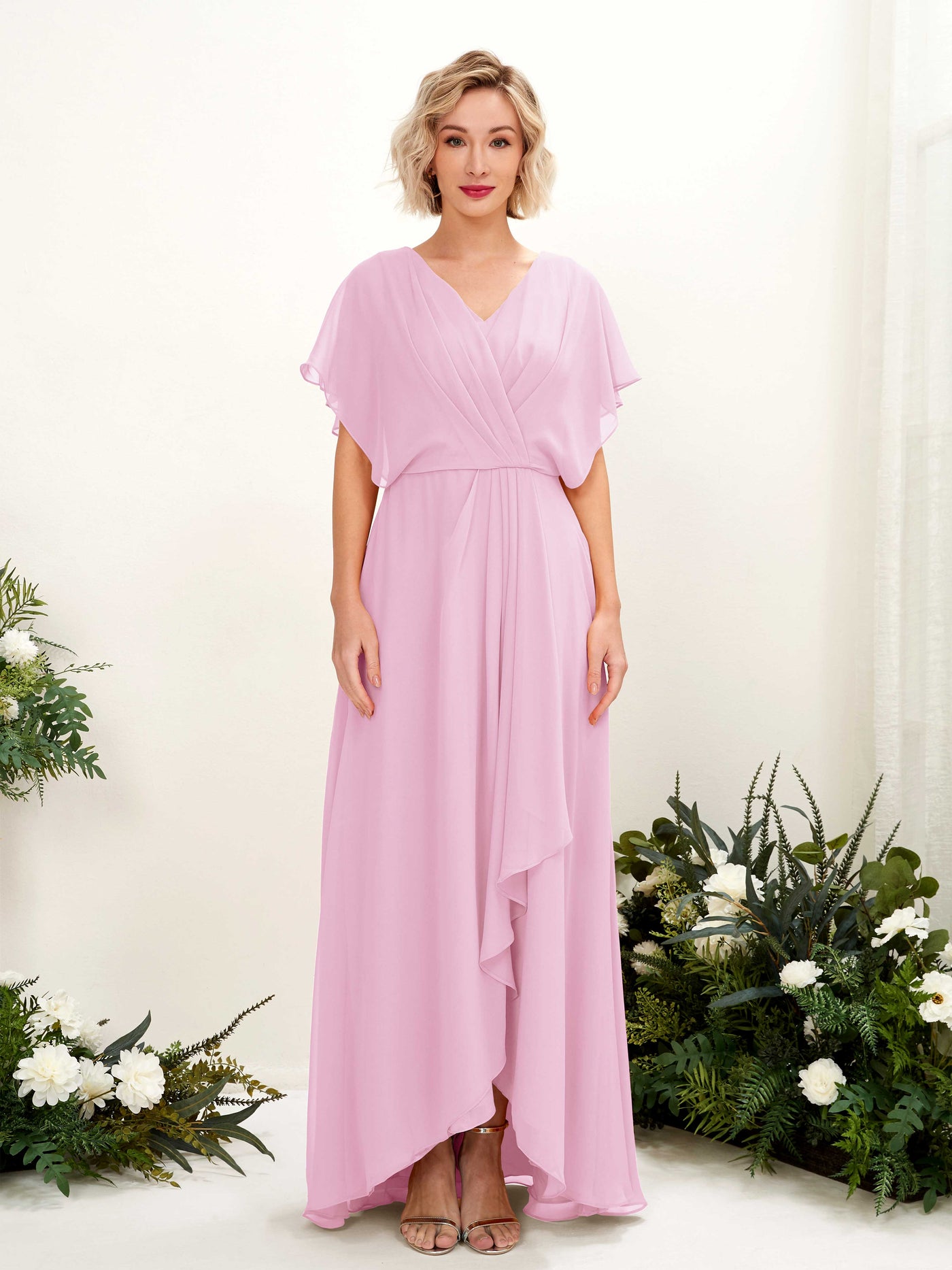 A-line V-neck Short Sleeves Chiffon Bridesmaid Dress - Candy Pink (81222139)#color_candy-pink