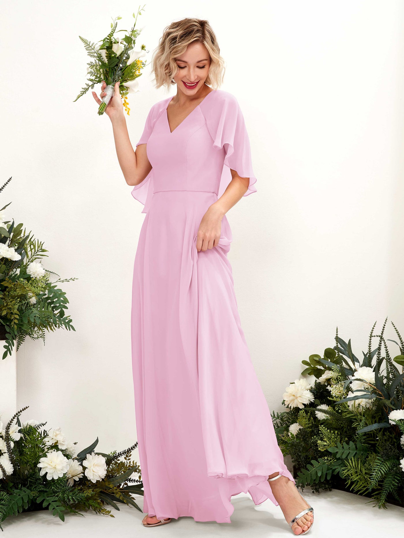 A-line V-neck Short Sleeves Chiffon Bridesmaid Dress - Candy Pink (81224439)#color_candy-pink
