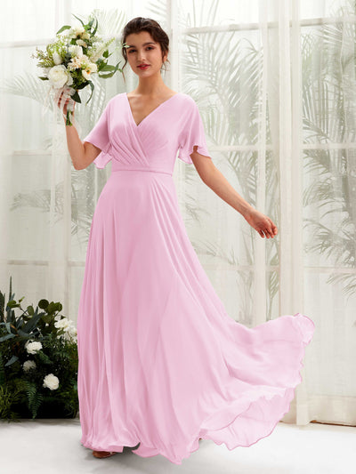 Carlyna Daphne A-Line Candy Pink Bridesmaid Dress Maxi Short Sleeve V-Neck Dress Front View #color_candy-pink