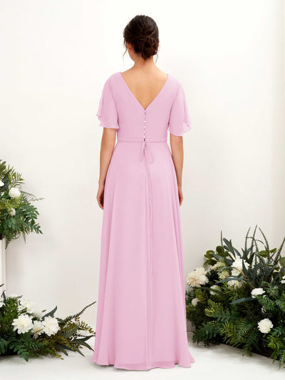 Carlyna Daphne A-Line Candy Pink Bridesmaid Dress Maxi Short Sleeve V-Neck Dress Back View #color_candy-pink