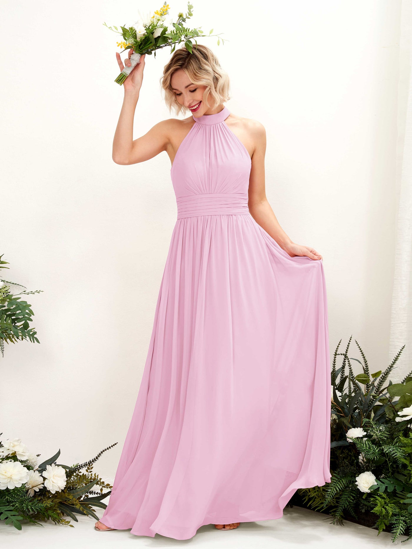 Ball Gown Halter Sleeveless Chiffon Bridesmaid Dress - Candy Pink (81225339)#color_candy-pink