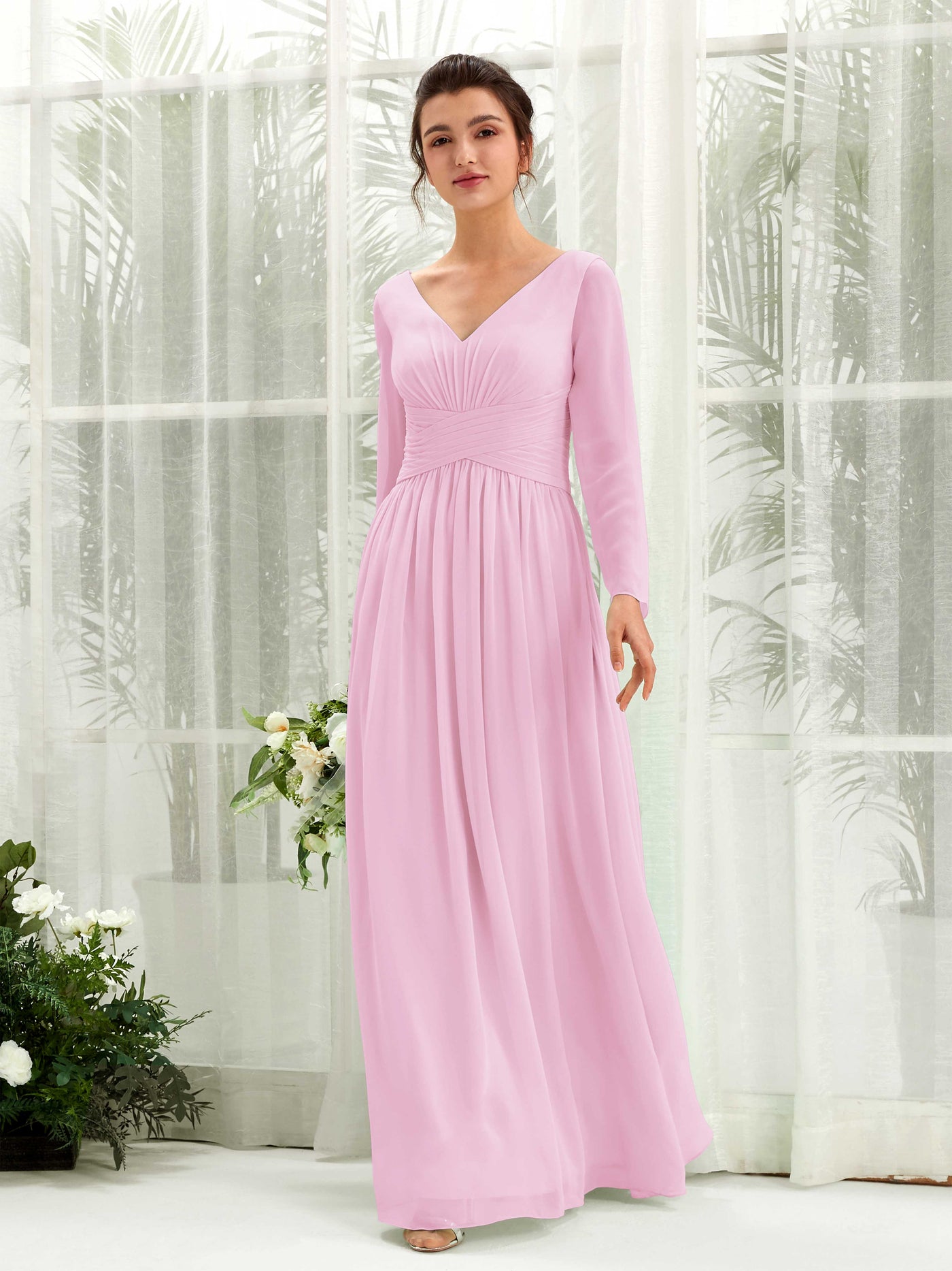 Ball Gown V-neck Long Sleeves Chiffon Bridesmaid Dress - Candy Pink (81220339)#color_candy-pink