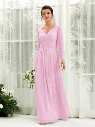 Carlyna Coline A-Line Candy Pink Bridesmaid Dress Maxi Long Sleeve V-Neck Front View #color_candy-pink