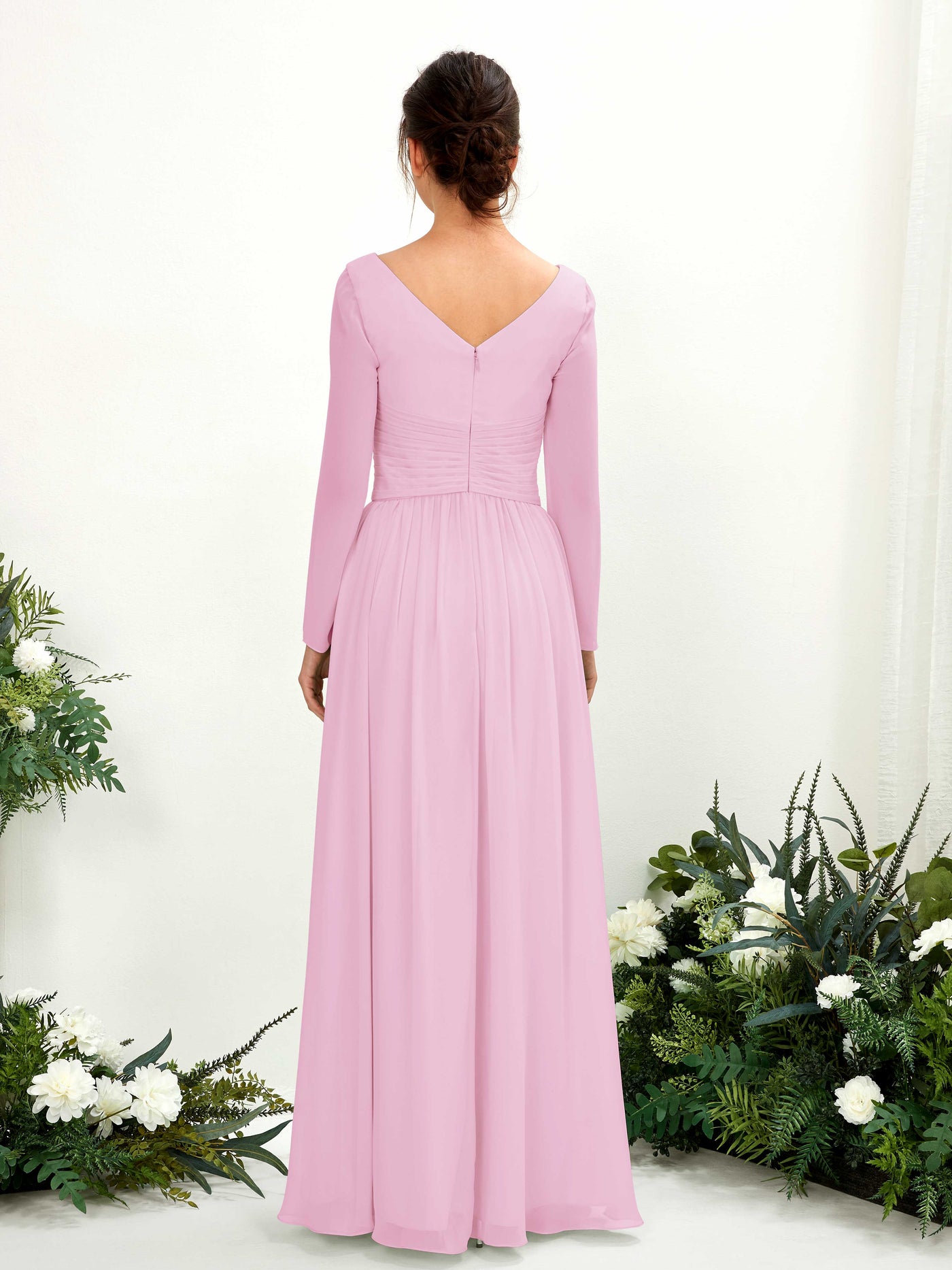 Ball Gown V-neck Long Sleeves Chiffon Bridesmaid Dress - Candy Pink (81220339)#color_candy-pink
