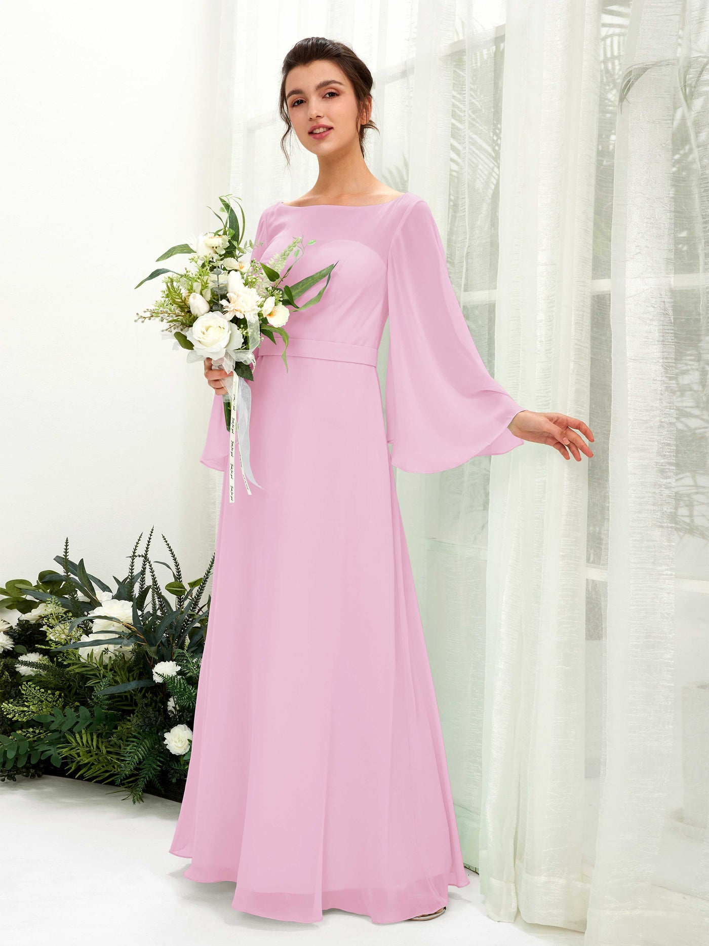 Bateau Illusion Long Sleeves Chiffon Bridesmaid Dress - Candy Pink (81220539)#color_candy-pink
