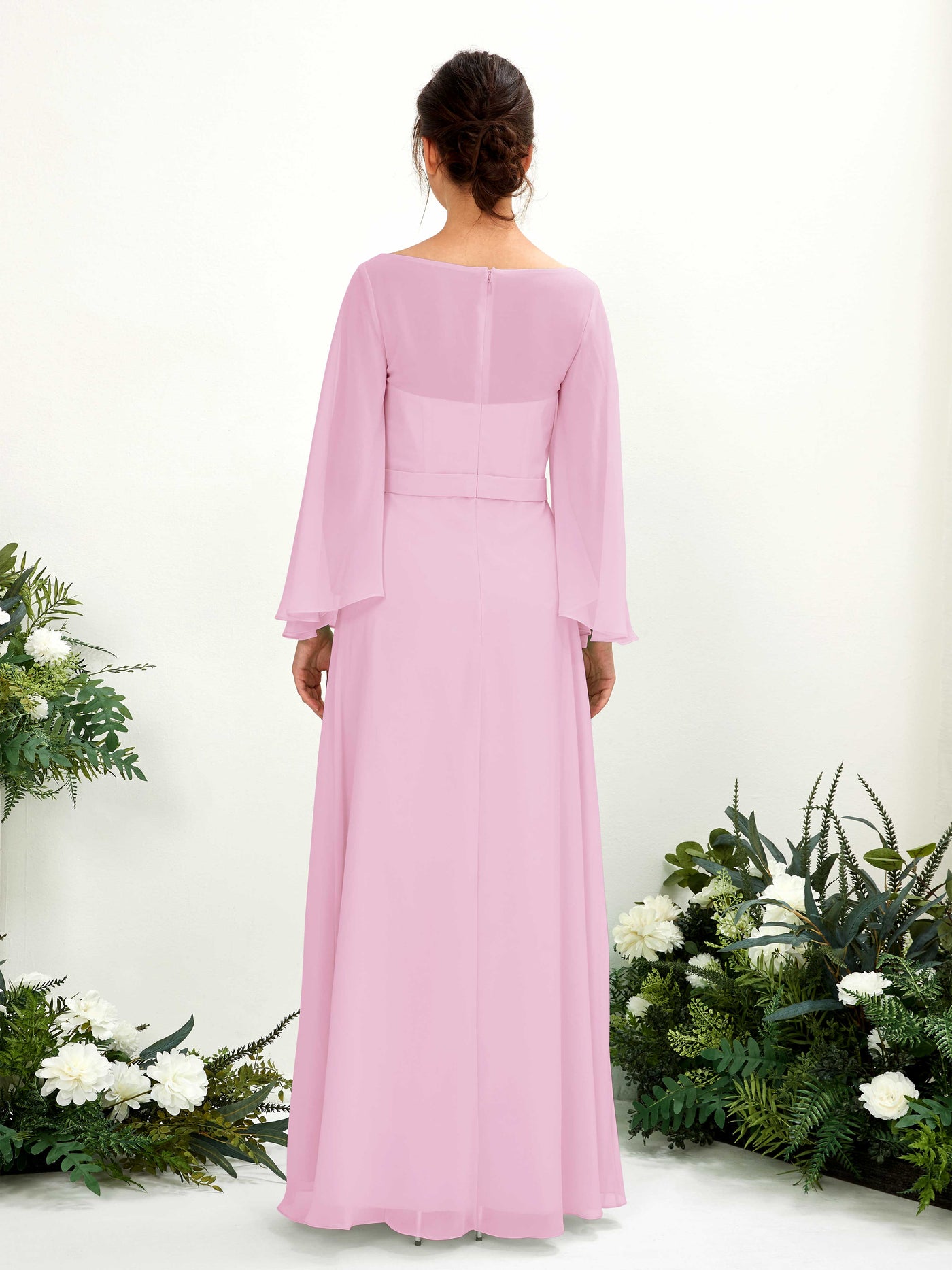 Bateau Illusion Long Sleeves Chiffon Bridesmaid Dress - Candy Pink (81220539)#color_candy-pink