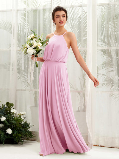 Carlyna Alva A-Line Candy Pink Bridesmaid Dress Maxi Sleeveless Halter Dress Front View #color_candy-pink