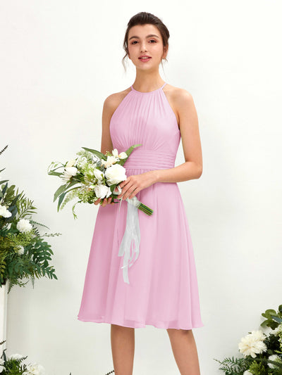 Carlyna Cathie A-Line Candy Pink Bridesmaid Dress Knee-Length Sleeveless Round Neck Dress Front View #color_candy-pink