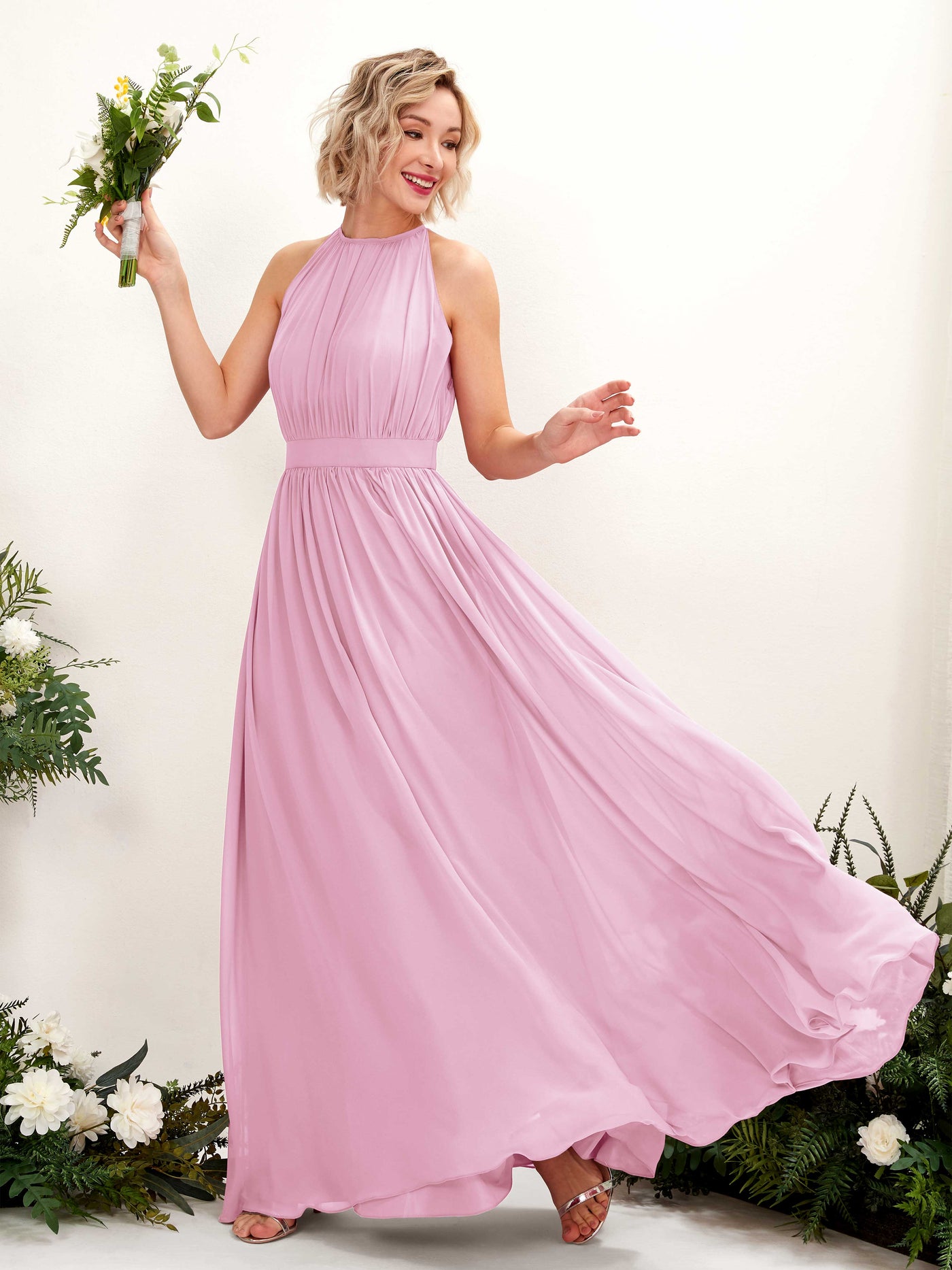 Halter Sleeveless Chiffon Bridesmaid Dress - Candy Pink (81223139)#color_candy-pink