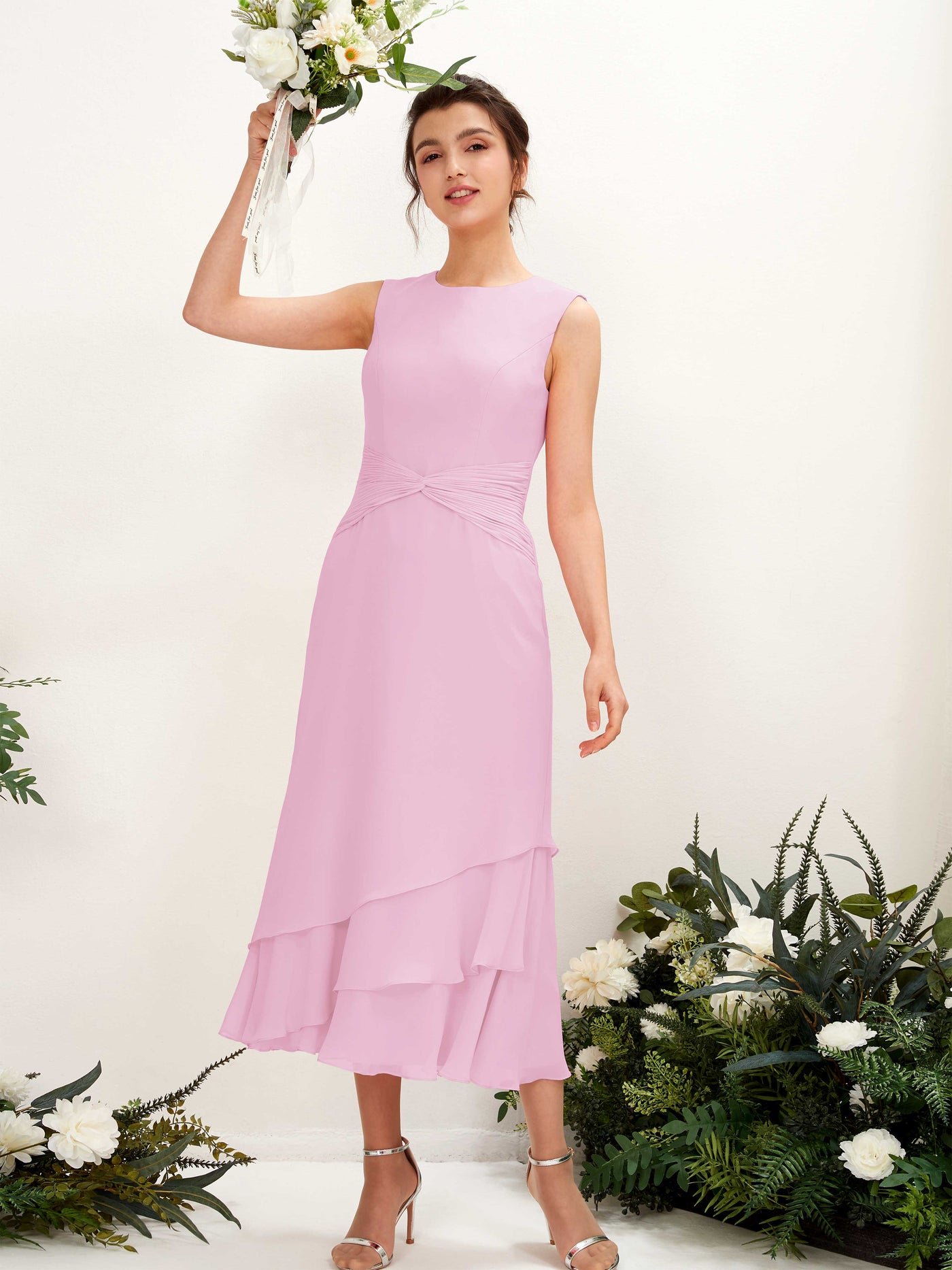 Mermaid/Trumpet Round Sleeveless Chiffon Bridesmaid Dress - Candy Pink (81221939)#color_candy-pink