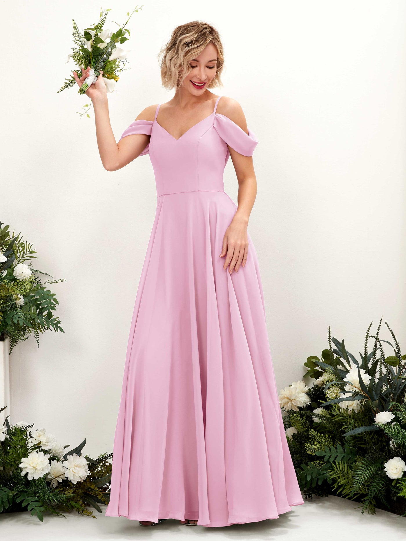 Off Shoulder Straps V-neck Sleeveless Chiffon Bridesmaid Dress - Candy Pink (81224939)#color_candy-pink