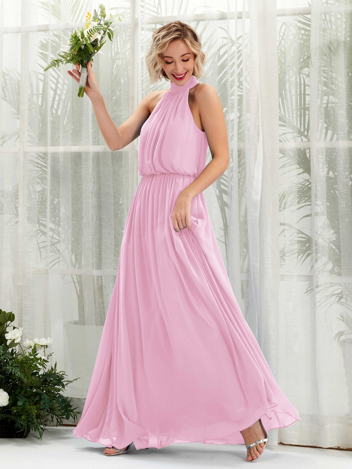 Halter Sleeveless Chiffon Bridesmaid Dress - Candy Pink (81222939)#color_candy-pink