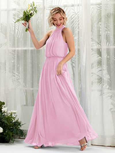 Carlyna Bess A-Line Candy Pink Bridesmaid Dress Maxi Sleeveless Halter Dress Front View #color_candy-pink