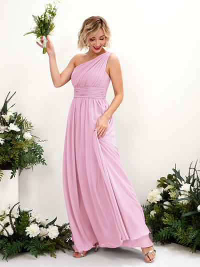 Carlyna Flaze A-Line Candy Pink Bridesmaid Dress Maxi Sleeveless One Shoulder Dress Front View #color_candy-pink