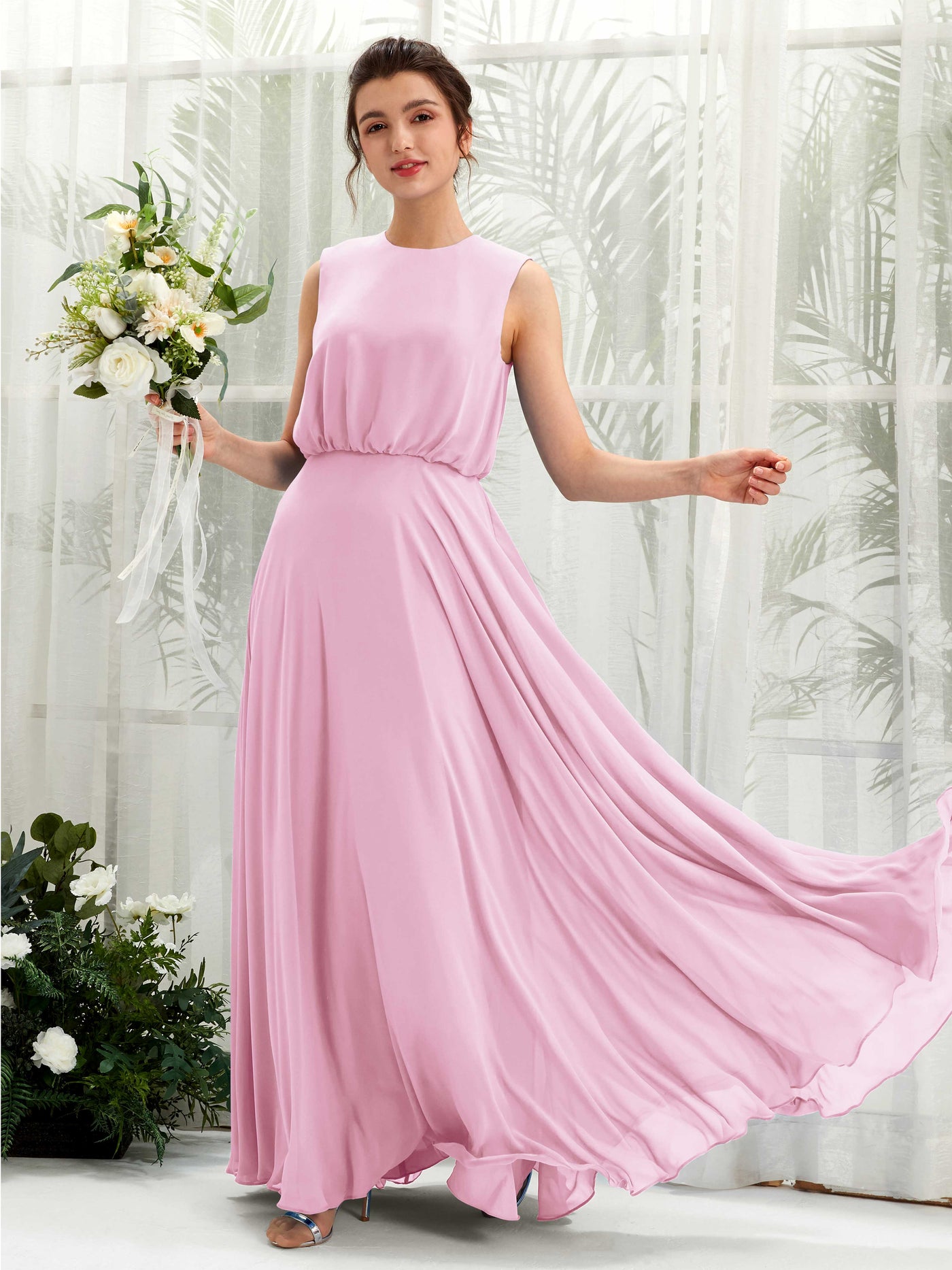 Round Sleeveless Chiffon Bridesmaid Dress - Candy Pink (81222839)#color_candy-pink
