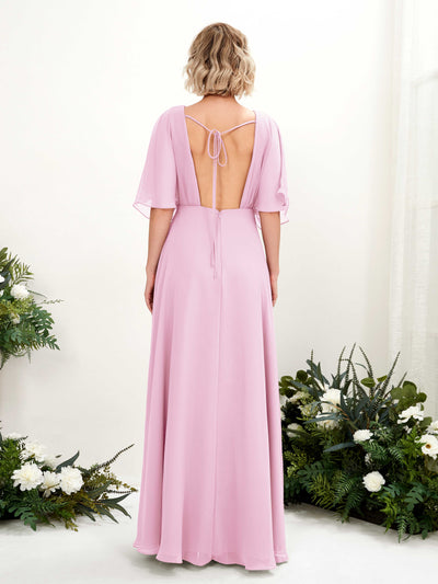 Carlyna Dhea A-Line Candy Pink Bridesmaid Dress Maxi Short Sleeve V-Neck Dress Back View #color_candy-pink