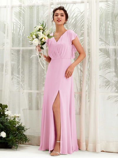 Carlyna Annie A-Line Candy Pink Bridesmaid Dress Maxi Cap Sleeve V-Neck Dress Front View #color_candy-pink