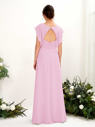 Carlyna Annie A-Line Candy Pink Bridesmaid Dress Maxi Cap Sleeve V-Neck Dress Back View #color_candy-pink