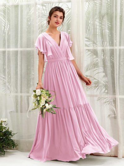 Carlyna Chaya A-Line Candy Pink Bridesmaid Dress Maxi Cap Sleeve V-Neck Dress Front View #color_candy-pink