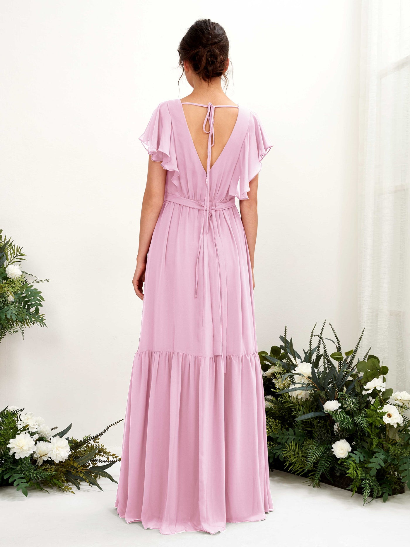 V-neck Cap Sleeves Chiffon Bridesmaid Dress - Candy Pink (81225939)#color_candy-pink
