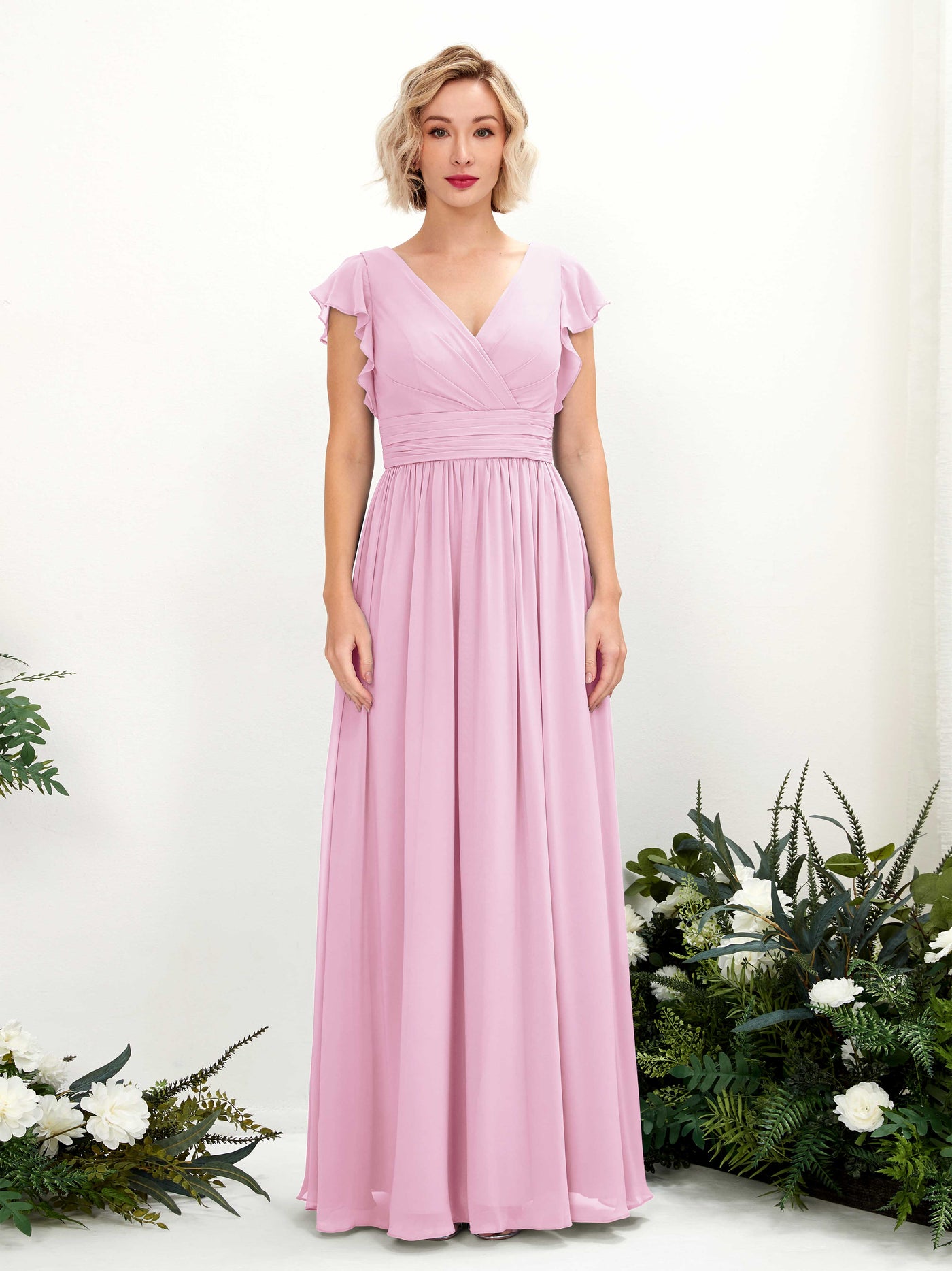 V-neck Short Sleeves Chiffon Bridesmaid Dress - Candy Pink (81222739)#color_candy-pink