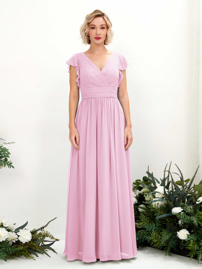 Carlyna Grino A-Line Candy Pink Bridesmaid Dress Maxi Cap Sleeve V-Neck Dress Front View #color_candy-pink