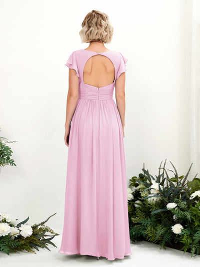 Carlyna Grino A-Line Candy Pink Bridesmaid Dress Maxi Cap Sleeve V-Neck Dress Back View #color_candy-pink