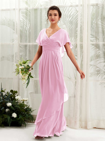 Carlyna Darlene A-Line Candy Pink Bridesmaid Dress Maxi Short Sleeve V-Neck Dress Front View #color_candy-pink