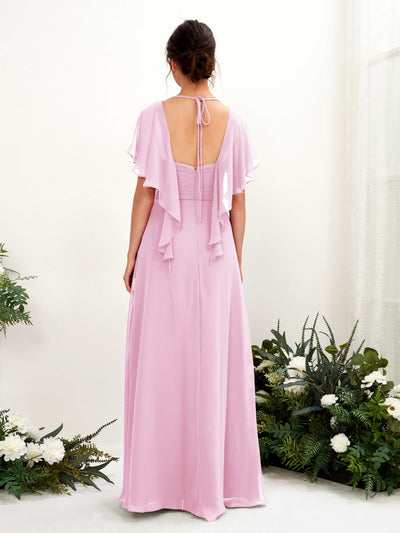 Carlyna Darlene A-Line Candy Pink Bridesmaid Dress Maxi Short Sleeve V-Neck Dress Back View #color_candy-pink