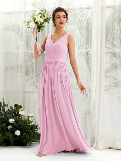 Carlyna Barbara A-Line Candy Pink Bridesmaid Dress Maxi Sleeveless V-Neck Dress Front View #color_candy-pink