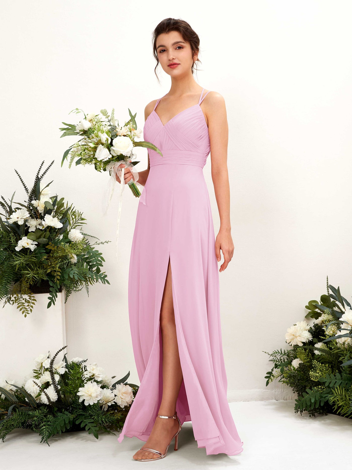Straps V-neck Sleeveless Chiffon Bridesmaid Dress - Candy Pink (81225439)#color_candy-pink
