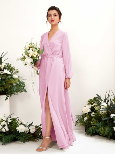 Carlyna Elsie A-Line Candy Pink Bridesmaid Dress Maxi Long Sleeve V-Neck Front View #color_candy-pink