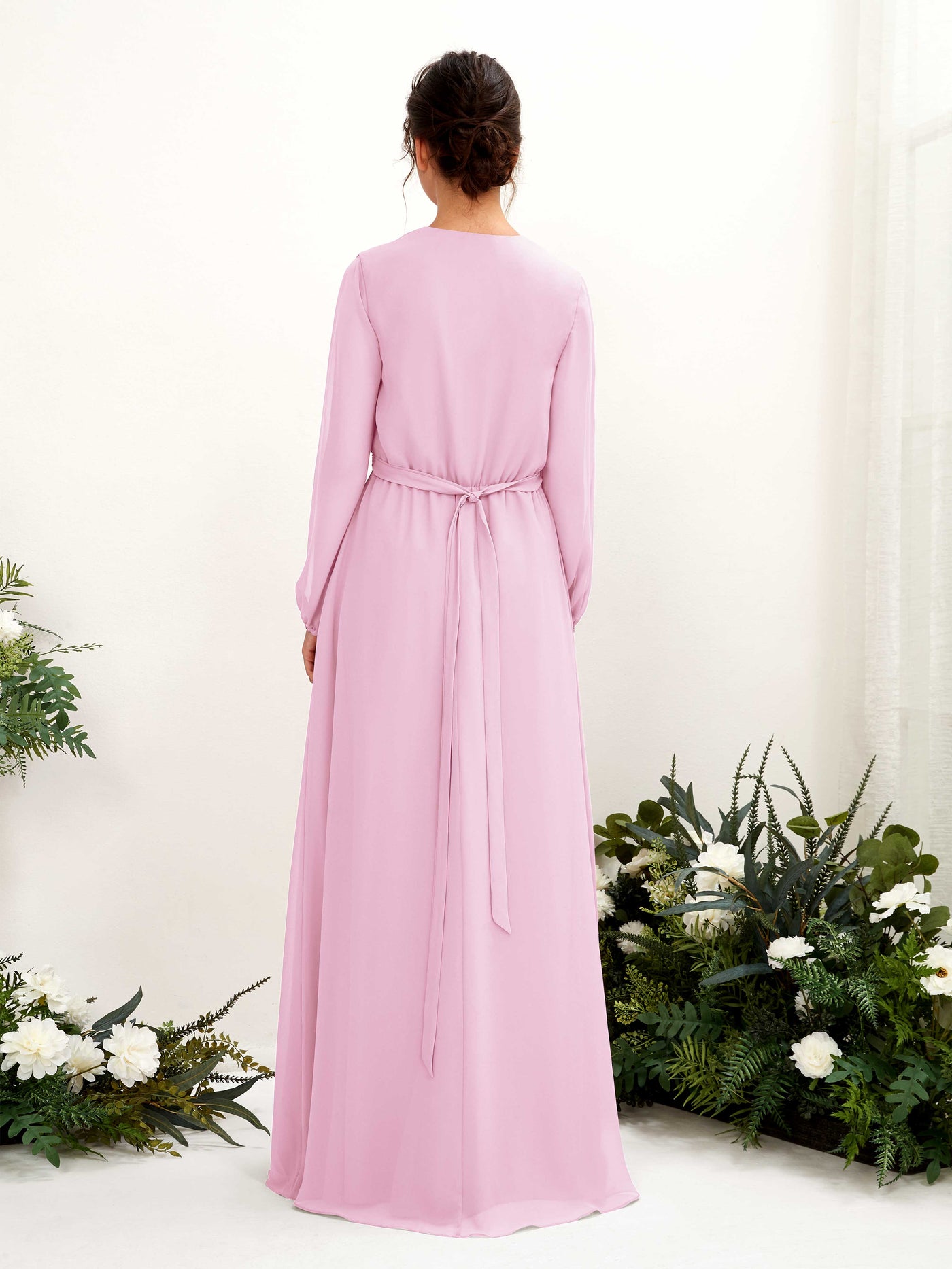 V-neck Long Sleeves Chiffon Bridesmaid Dress - Candy Pink (81223239)#color_candy-pink