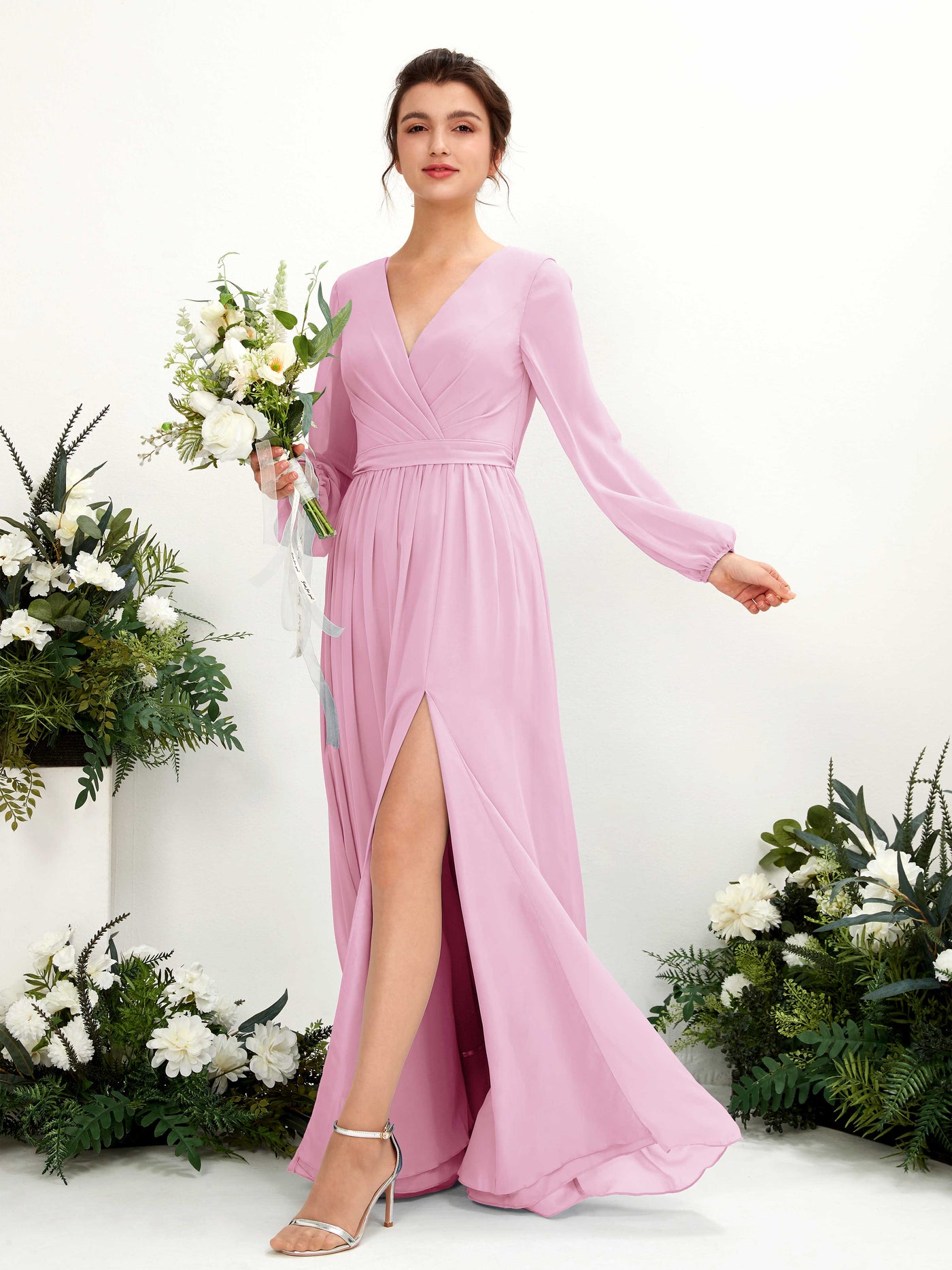 V-neck Long Sleeves Chiffon Bridesmaid Dress - Candy Pink (81223839)#color_candy-pink