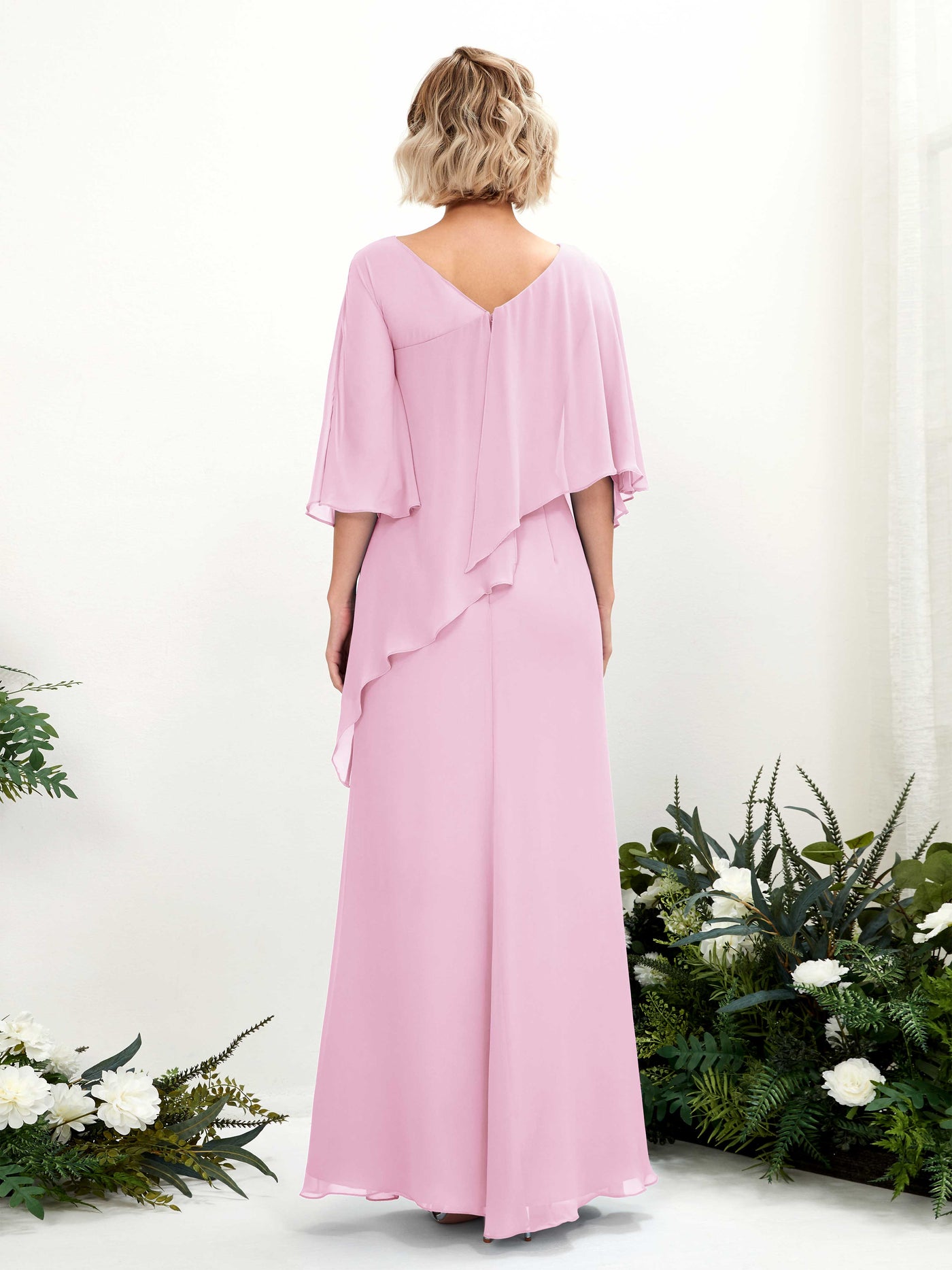 V-neck 3/4 Sleeves Chiffon Bridesmaid Dress - Candy Pink (81222539)#color_candy-pink