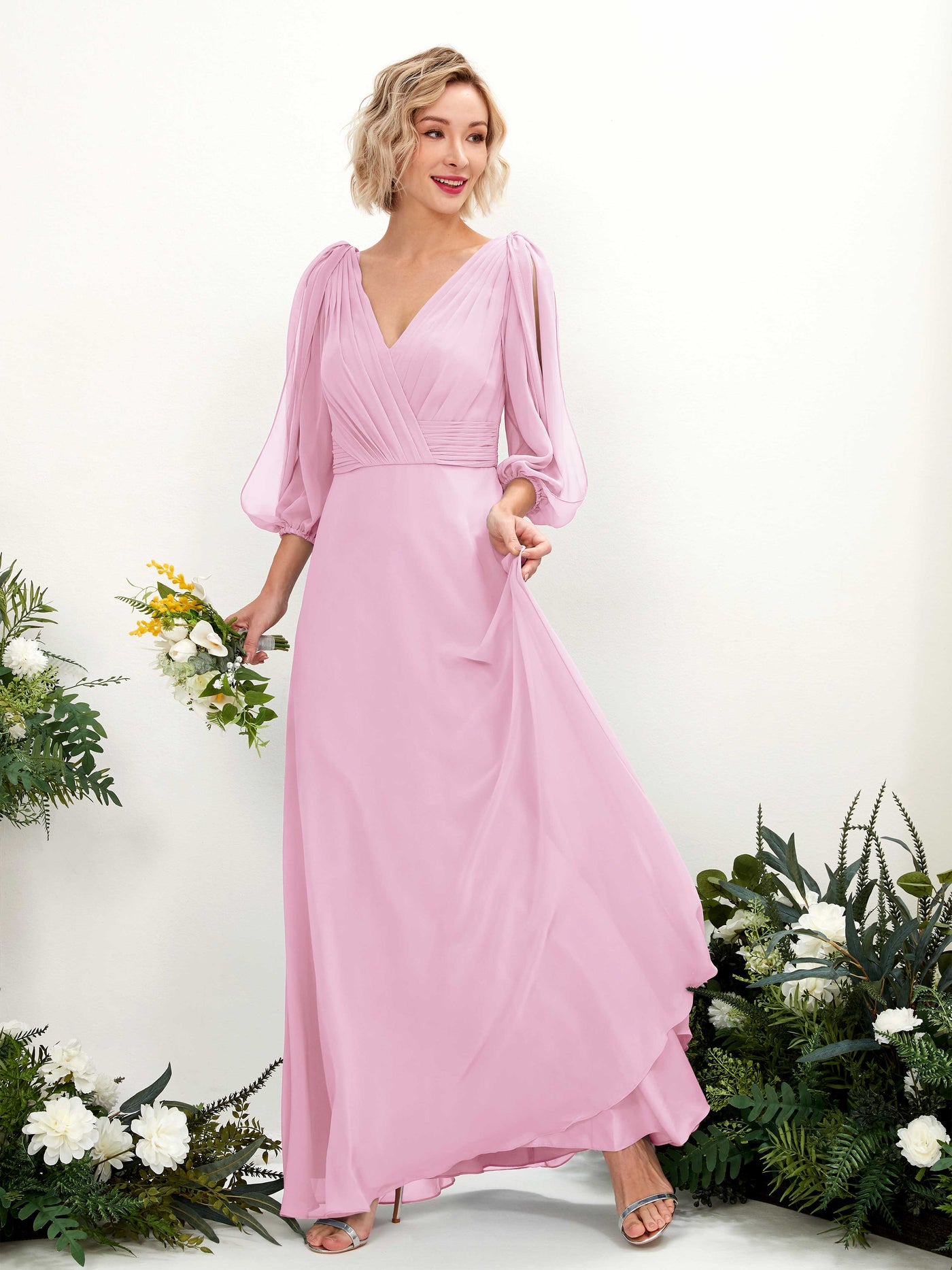 V-neck 3/4 Sleeves Chiffon Bridesmaid Dress - Candy Pink (81223539)#color_candy-pink